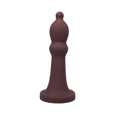 Large dark brown silicone toy with bulbous shape and wide base designed for advanced users.