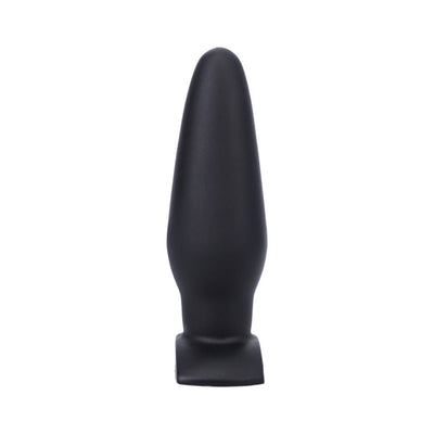 Black tapered silicone plug with a flat base designed for comfortable and gradual stretching.