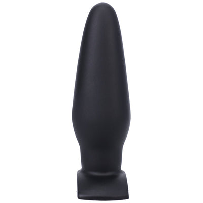 Smooth black tapered silicone plug with a sturdy base for comfortable and controlled use.
