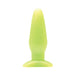 Tantus Bronco lime green tapered silicone plug with a flared base for comfortable use.