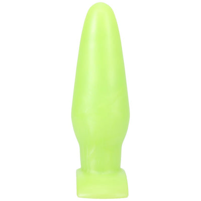 Tantus Bronco lime green tapered silicone pre-date comfort toy with smooth texture and flared base.