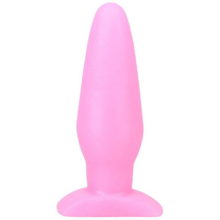 Pink tapered silicone plug with a flared base designed for comfortable, gradual stretching.
