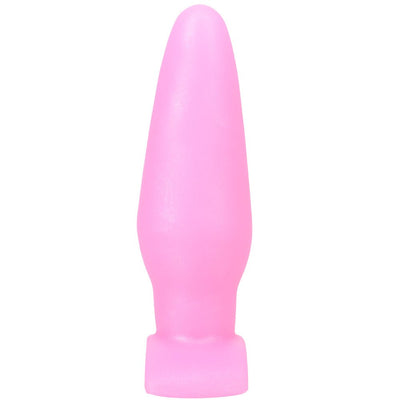 Pink tapered silicone insertable toy with a flared base for comfortable and safe use.