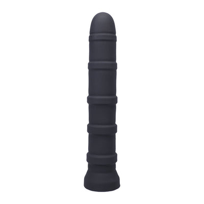 Black silicone pleasure ring toy with textured ridges along its length, designed for continuous sensation.