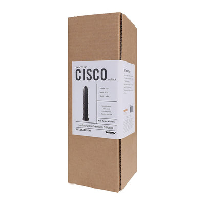 Tantus Cisco XL Collection black silicone toy packaging with product details on a brown box.