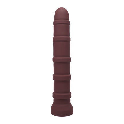 Firm Tantus Cisco silicone toy in oxblood color with textured rings along its length for enhanced sensation.
