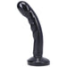Black compact curved silicone dildo with textured shaft and suction base for hands-free use.
