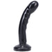 Black compact curved silicone dildo with textured shaft and suction base for hands-free use.