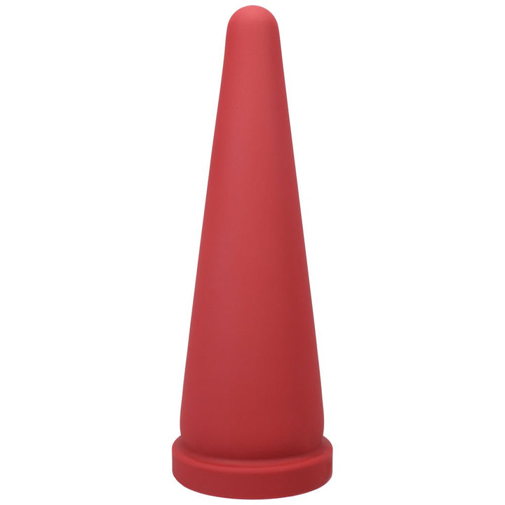 Large red silicone cone-shaped adult toy with smooth surface and wide base for secure use.