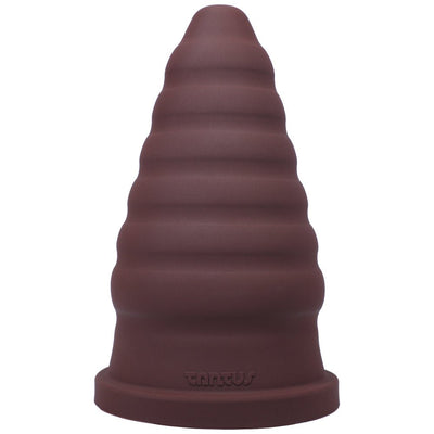 Oxblood red cone-shaped textured silicone toy with progressive ripple design and wide base by Tantus.