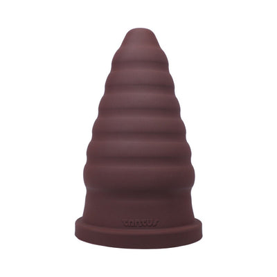 Tantus Cone Ripple Firm in oxblood color with progressive ripple texture and wide base on white background.
