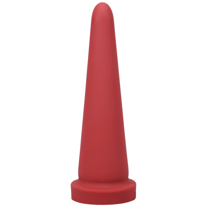 Red tapered cone-shaped silicone toy with a flared base for secure harness use and comfortable grip.