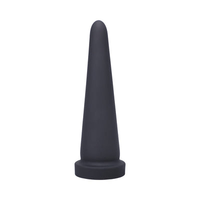 Black tapered silicone cone-shaped adult toy with flared base on white background