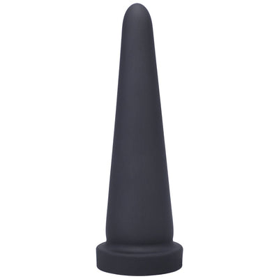 Black tapered cone-shaped silicone toy with a wide base for secure harness play and training.