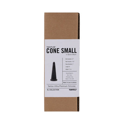 Tantus Cone Small in Byron Black packaging showing product dimensions and features on a white label with brown box background.