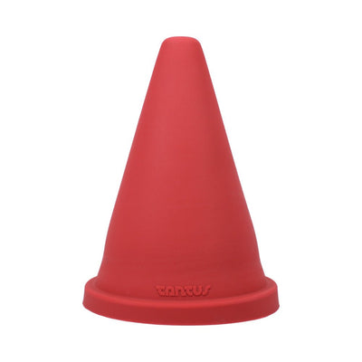 Red silicone cone-shaped stretch toy with Tantus logo on the base, designed for advanced use and deep stretching.