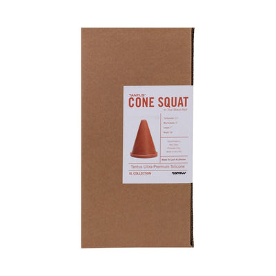 Tantus Cone Squat in True Blood Red packaging with product details on a brown box label