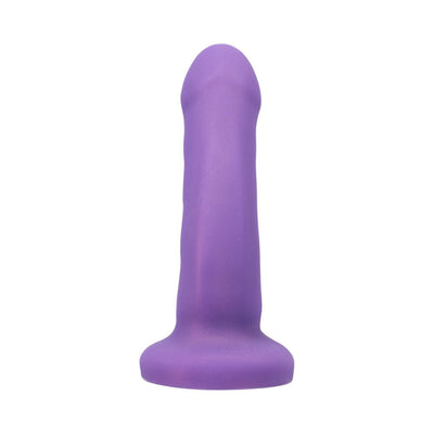 Midnight purple curved silicone dildo with smooth texture and flared base standing upright on white background.