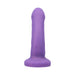 Midnight purple curved silicone dildo with smooth texture and flared base standing upright on white background.