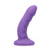 Midnight purple curved silicone dildo with textured shaft and suction base for hands-free use.