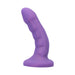 Midnight purple curved silicone dildo with textured shaft and flared base for secure wear or suction.