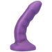 Purple curved silicone adult toy with textured ridges and a suction base for hands-free use.