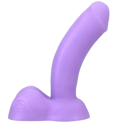 Curved lavender silicone adult toy with realistic base and ridged head designed for targeted stimulation.
