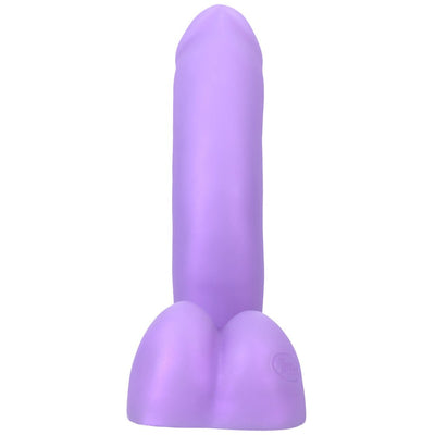 Purple silicone dildo with realistic shape and testicles, designed for harness compatibility and soft texture.