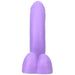 Purple silicone dildo with realistic shape and testicles, designed for harness compatibility and soft texture.