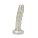 Pearl white silicone G-spot stimulator with textured ridges and a curved tip for targeted pleasure.