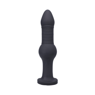 Black silicone anal toy with ribbed shaft, middle bulb, and flared base for safe and comfortable use.