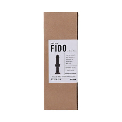 Tantus Fido-1 in black packaged in a plain brown box with product label detailing size and material information.