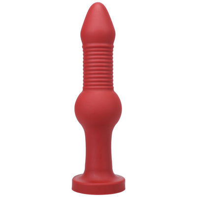 Red silicone anal toy with ribbed shaft, bulbous middle, and flared base for secure use.