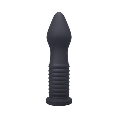 Black ribbed silicone trainer with tapered tip and flared base designed for advanced personal use.