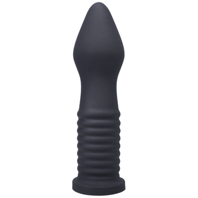 Black ribbed silicone Tantus Fist Trainer with tapered tip and flared base for safe use.