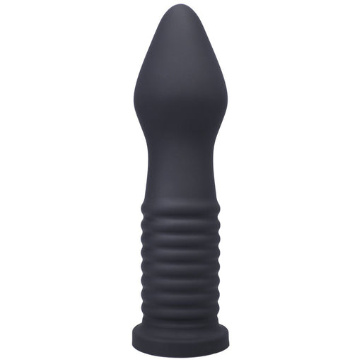 Black ribbed silicone Tantus Fist Trainer with tapered tip and flared base for safe use.