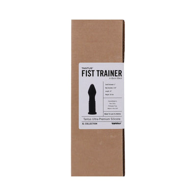 Tantus Fist Trainer packaging box with product label showing size, material, and features in black silicone.