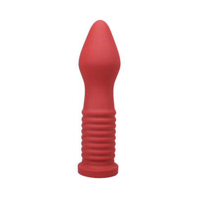 Red silicone Tantus Fist Trainer with ribbed shaft and tapered tip, designed for advanced personal use.