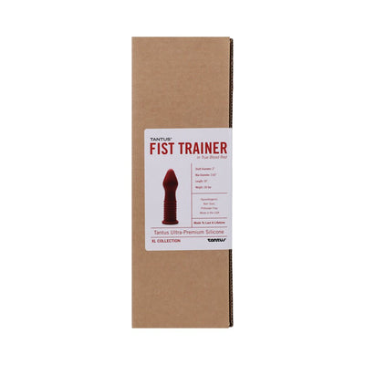 Tantus Fist Trainer in True Blood Red with cardboard packaging and product label showing size and material details.