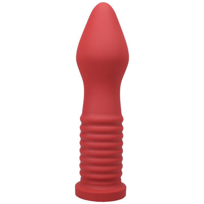 Red silicone Tantus Fist Trainer with ribbed shaft and tapered tip, designed for advanced personal use.