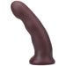 Oxblood-colored firm silicone dildo with a curved shape and flared base for stability.