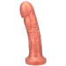 Copper-colored large silicone dildo with realistic texture and a flared base for harness compatibility.