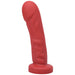 Red silicone realistic-shaped adult toy with a wide base and textured surface for versatile pleasure.