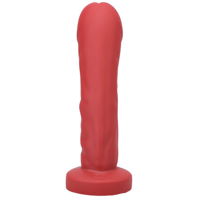 Red silicone realistic-shaped adult toy with a wide base, designed for versatile pleasure and fullness.