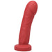 Red silicone realistic textured toy with a curved shape and wide base for versatile pleasure.