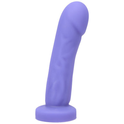Purple silicone realistic-shaped adult toy with a curved tip and textured shaft on a flat base.