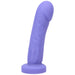 Purple silicone realistic-shaped adult toy with a curved tip and textured shaft on a flat base.