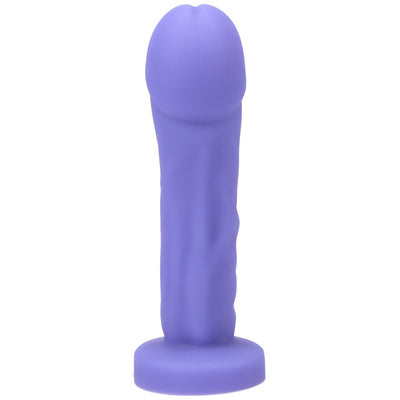 Purple silicone realistic-shaped adult toy with a wide base and textured shaft for versatile pleasure.