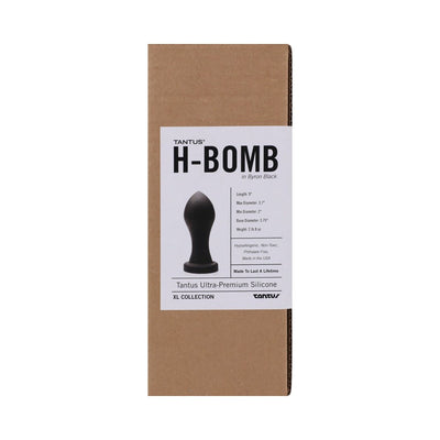 Tantus H-Bomb XL silicone plug packaging with product details and image on a brown box.