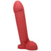 Red realistic silicone dildo with textured veins and a sturdy base standing upright on a white background.